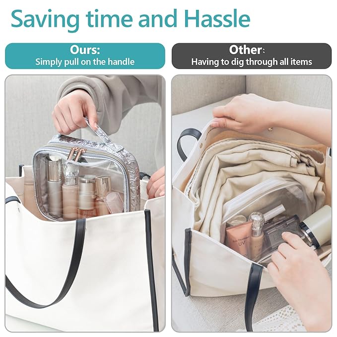 PACKISM TSA Approved Toiletry Bag - Ruched Textured Clear Makeup Bag, Metallic Silver, with 180° Large Opening and Supporting Frame, Perfect for Travel Essentials, Thick No Smell