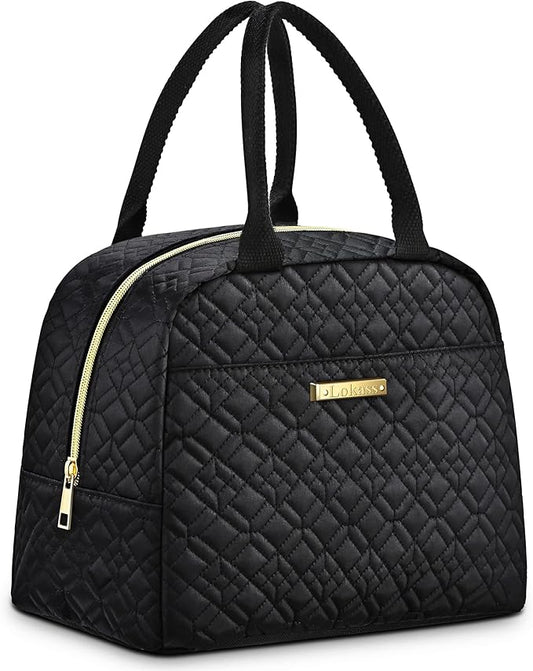 LOKASS Lunch Bag Women Insulated Lunch Box Thermal Lunch Tote Bags for Adults Work(Black-Embroidery)