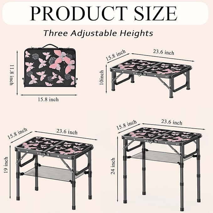 Small Camping Table, Vintage French Butterflies Pattern Folding Table, Adjustable Height, Lightweight & Portable Outdoor Picnic Table with Carry Handle for Patio, Living Room, Travel