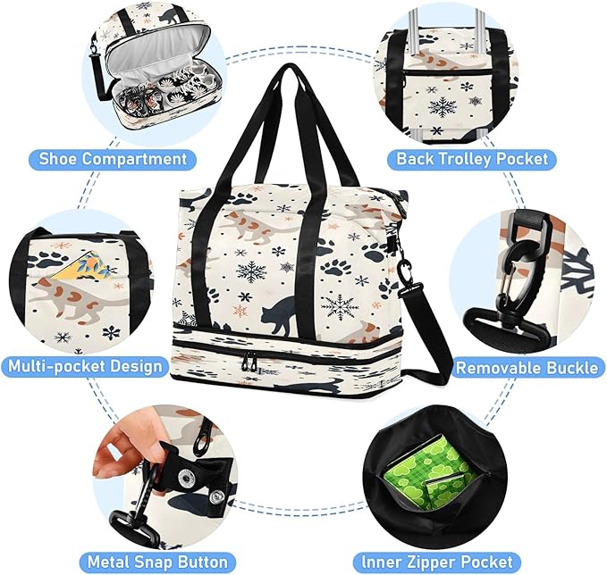 Christmas Snow Cat Travel Duffel Bag Waterproof Gym Sport Tote Bag Carry On Weekender Bag with Compartment