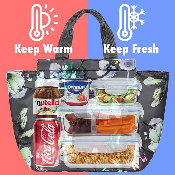 opux Lunch Bag for Women, Insulated Lunch Box Tote for Girls Kids Adult School Work, Reusable Womens Lunch Tote for Office Travel, Cute Small Lunch Tote, Fits 12 Cans - Floral Gray