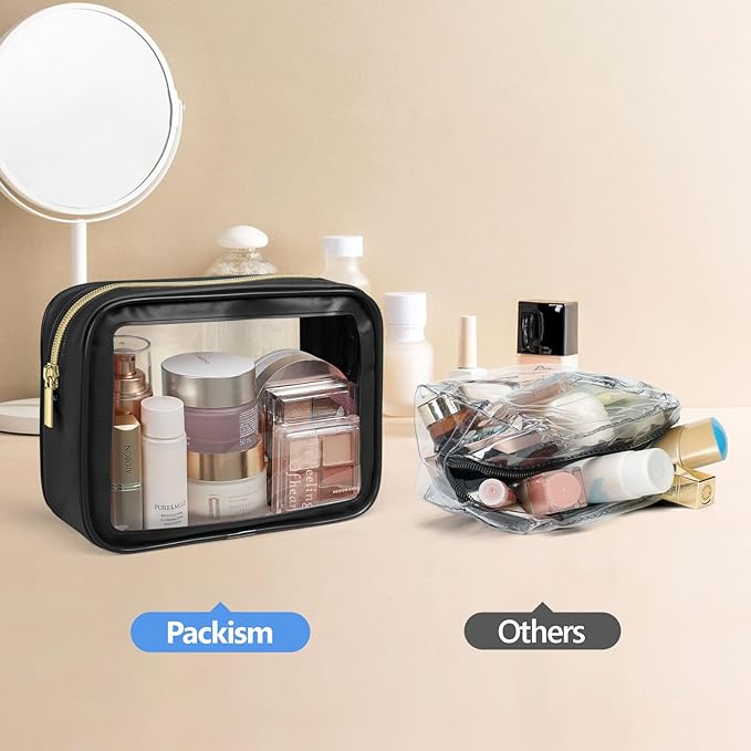 PACKISM TSA Approved Toiletry Bag - 2 Pack Upgrade Color-Edged Clear Makeup Bag, Clear Toiletry Bag For Traveling Fits Various Storage Needs, Black (2 Sizes)