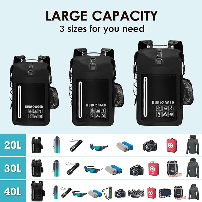 Waterproof Backpack 20L/30L/40L- Roll Top Closure Bag - Hiking Backpack - Lightweight Durable Floating Dry Bag with IPX8 Waterproof Phone Case