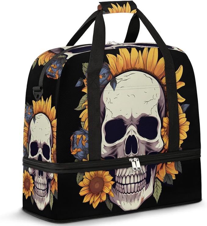 cfpolar Woman Travel Duffel Bag Sunflower Flower Skull Foldable Tote Carry On Luggage Sports Gym Bag With Shoe Compartment Overnight Weekend Yoga Workout Bag Training Handbag