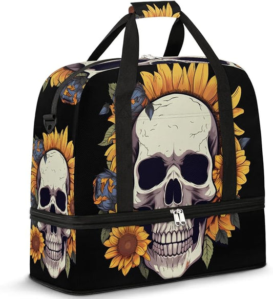 cfpolar Woman Travel Duffel Bag Sunflower Flower Skull Foldable Tote Carry On Luggage Sports Gym Bag With Shoe Compartment Overnight Weekend Yoga Workout Bag Training Handbag