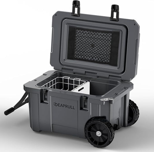 55 Quart Cooler with Wheels, Ice Chests Portable Camping Cooler Holds Ice up to 6 Days, Leak-Proof Outdoor Insulated Cooler with Handle, Cup Holders, Hard Cooler for Camping, Beach, Boat