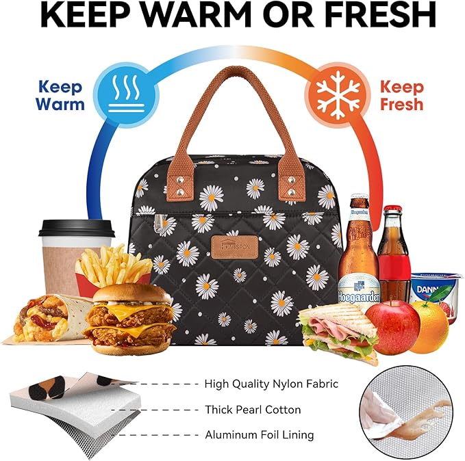 HOMESPON Insulated Lunch Bag for Women Men Adults Lunch Tote with Front Pocket Lunch Box Container Cooler Bag for Work Picnic (Black Daisy)