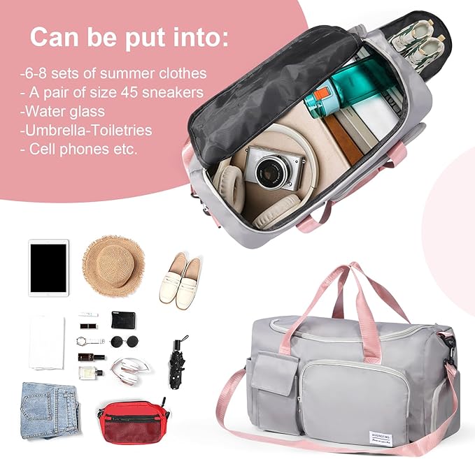 Duffel Bag for Gym Sports Workout Travel, Lightweight Waterproof Tote Bag with Shoes Compartment Wet Pocket for Women Grey with Pink Handles