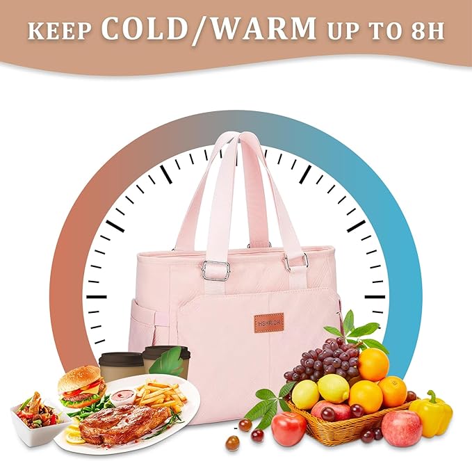 Large Women's Insulated Lunch Bag, Pink, 12L, Reusable, Durable, Adjustable Carrying Options