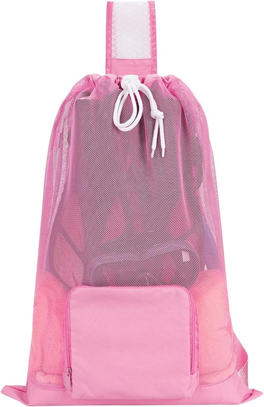 WANDF Swim Bag Foldable Mesh Drawstring Bag with Quick-dry Shoulder Strap Beach Backpack with Wet Pocket for Swimming, Gym, and Workout Gear (Pink Patent Pending)
