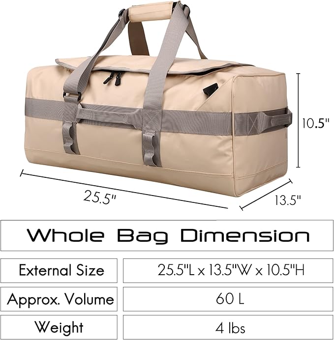 Haimont Large Sports Duffel Backpack Bag for Men, Travel Duffel Bags with Backpack Straps, Heavy Duty and Water Resistant, Beige,60L