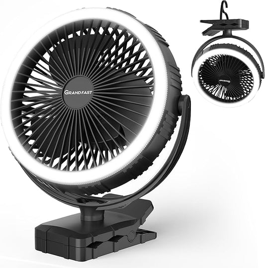 Rechargeable Camping Fan, Battery Operated with Timer, Powerful Airflow Portable Fan, Strong Clip with Light & Hook for Camping Outdoor Travel BBQ Hurricane Power Outage