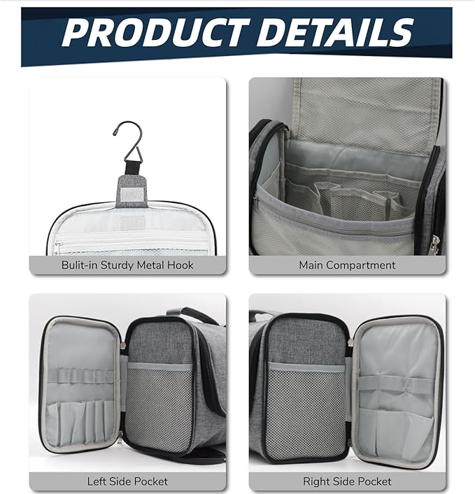 Buruis Large Capacity Toiletry Bag for Women and Men, Hanging Toiletry Organizer Cosmetics Makeup Bag, Water-resistant Dopp Kit Shaving Bags for Full Sized Toiletries, Travel Essentials (Oxford Gray)