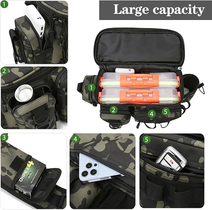 Fishing Tackle Backpack Fishing Fanny Pack Crossbody Bag Fishing Tackle Box Organizer with Rod & Gear Holder, Ideal for Fishing, Camping, Hiking and More!-YIANTU