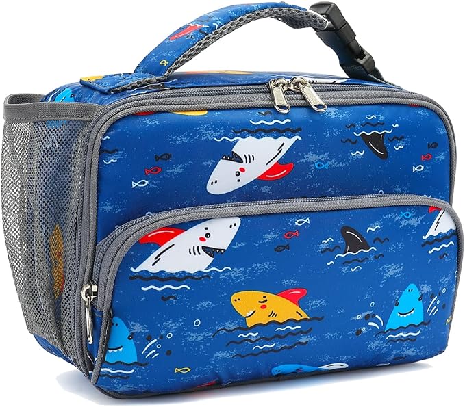 FlowFly Kids Lunch box Insulated Soft Bag Mini Cooler Back to School Thermal Meal Tote Kit for Girls, Boys, Colorful-Shark
