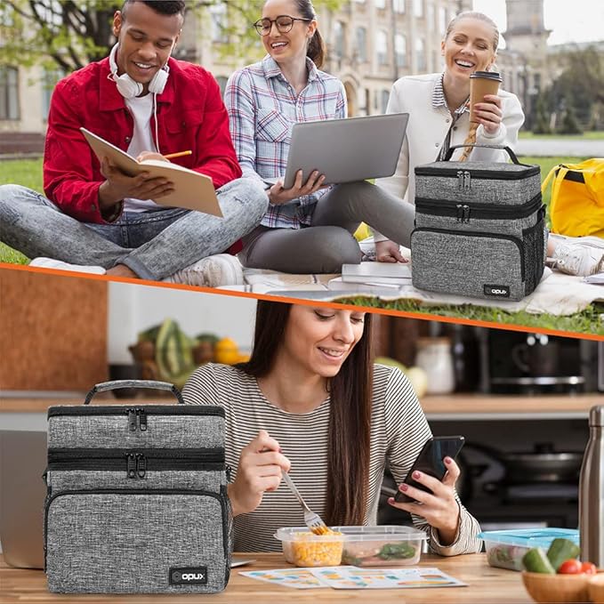 opux Insulated Lunch Bag for Men Women, Large Dual Compartment Cooler Bag, Soft Two Deck Lunch Box for Work School Picnic, Leakproof Lunch Tote with Shoulder Strap for Kid Adult (Gray, Double Deck)