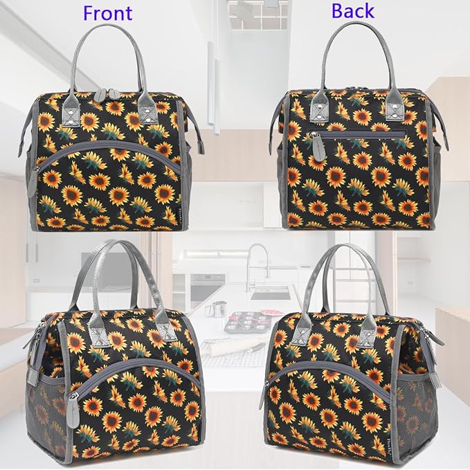 FlowFly Insulated Lunch Bag for Women, Men, Large and Reusable, Handle, Work and Travel Tote and Meal Prep Organizer, SunFlower