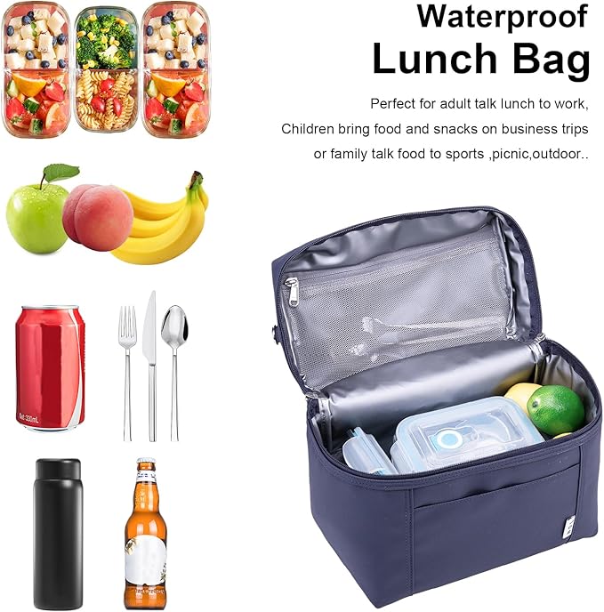 NOL Natural Organic Lifestyle Insulated Lunch Bags for Women Cooler Bag Lightweight Nylon Waterproof Lunch Box For Work (Navy blue, Medium(normal))