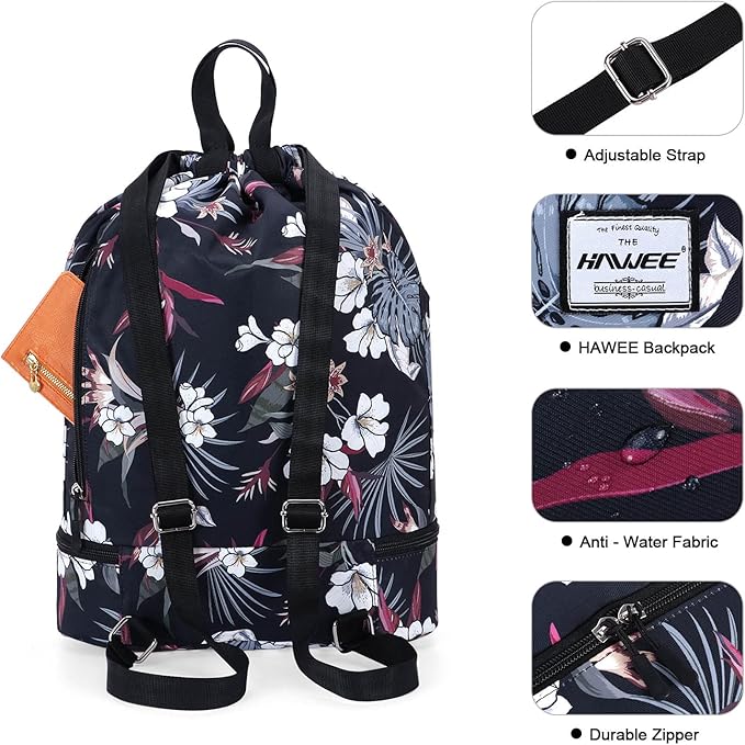 Dry Wet Drawstring Backpack with Shoe Compartment for Women Adjustable Gym Bag