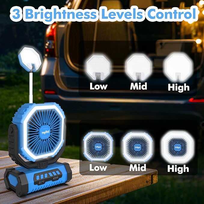 Portable Camping Fan with Led Lantern, 20000mah Rechargeable Battery Outdoor Fan,4 Speed with Remote, Auto Oscillation, 360° Rotation Hook, for Camping, Power Outage,Hurricane, Home (Blue)