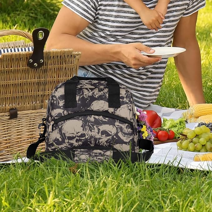 Vintage Skull Skeleton Insulated Lunch Bags for Women Men Adult Halloween Goth Reusable Lunch Tote Therma Cooler Bag with Shoulder Strap Lunch Box for School Work Office Picnic Meal Prep Bag