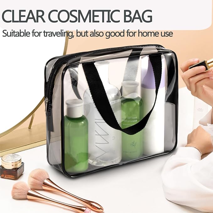 3Pcs Crystal Clear PVC Travel Toiletry Bag Kit for Women Men, Waterproof Vinyl Organizer Clear Makeup Bags with Zipper Handle Straps, Cosmetic Bag Pouch Carry on Airport Airline Compliant Bag Handbag