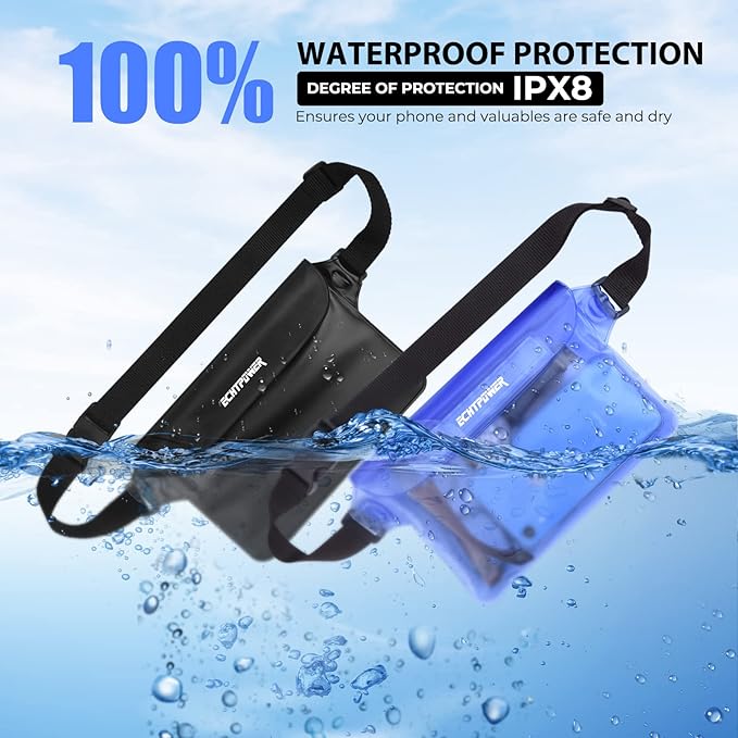 ECHTPower 2-Pack Waterproof Pouch Bag, Waterproof Fanny Pack, Waterproof Dry Bag with Adjustable Waist Strap for Beach Swimming Kayaking Floating Boating