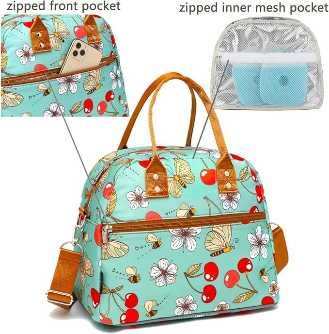 FlowFly Insulated Lunch Bag With Shoulder Strap for Women, Men, and Kids, Large and Reusable, Handle, Freezable Work and School Travel Tote and Meal Prep Organizer,Turquoise Cherry