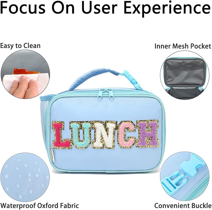 Insulated Lunch Box for School, Thermal Reusable Durable Freezable Lunch Bags for Kids Boys Girls Men Women - Small Soft Cooler Portable Lunch Tote Kit for Work Picnic Travel,Blue Alphabet