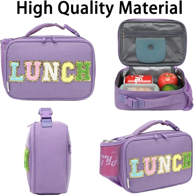 Insulated Lunch Box for School, Thermal Reusable Durable Freezable Lunch Bags for Kids Boys Girls Men Women - Small Soft Cooler Portable Lunch Tote Kit for Work Picnic Travel,Purple Alphabet