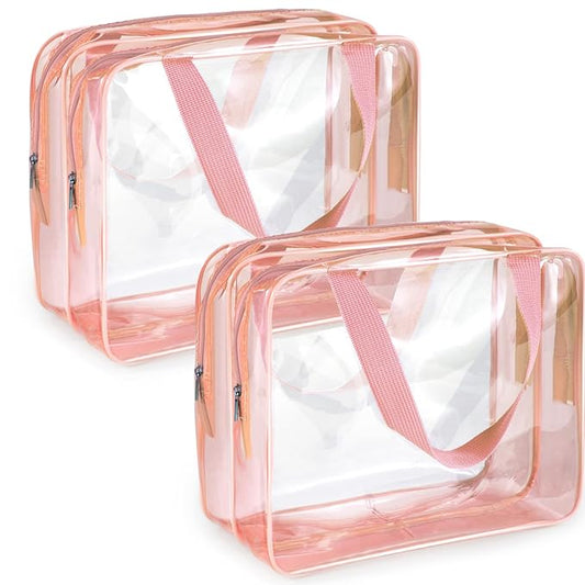 2Pcs Crystal Clear PVC Travel Toiletry Bag Kit for Women Men, Waterproof Vinyl Organizer Clear Makeup Bags with Zipper, Cosmetic Bag Pouch Carry on Airport Airline Compliant Bag Handbag (Double Layer)
