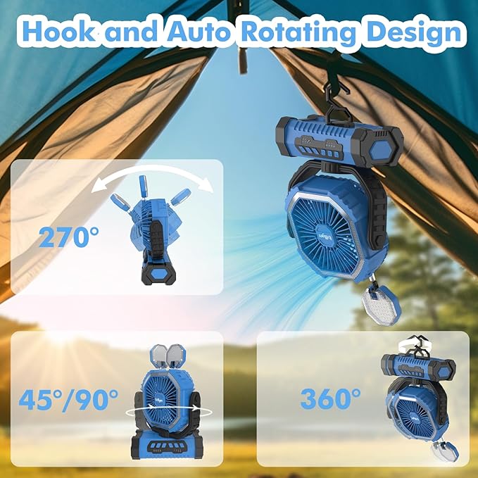 Portable Camping Fan with Led Lantern, 20000mah Rechargeable Battery Outdoor Fan,4 Speed with Remote, Auto Oscillation, 360° Rotation Hook, for Camping, Power Outage,Hurricane, Home (Blue)