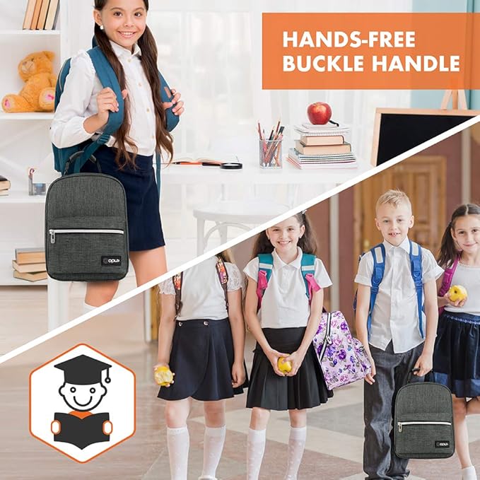 opux Lunch Box for Girls Boys Kids, Insulated Leakproof Lunch Bag, Reusable Teen Lunch Boxes for School, Medium Large lunchbox for Women Men Adult for Work with Front Back Pocket (Dark Gray)