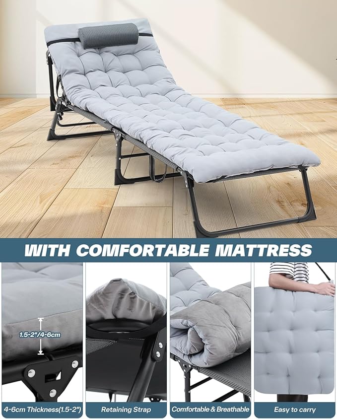 Sportneer Sleeping Cots for Adults: 5-Angle Adjustable Folding Bed with Thick Mattress - 450lbs Max Load Padded Camping Cot with Easy Setup & Takedown for Outdoor Travel Sleep Over, Size 76''x27''