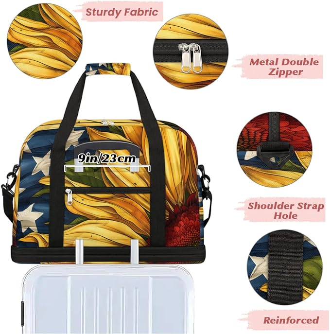 cfpolar Woman Travel Duffel Bag Sunflower American Flag Foldable Tote Carry On Luggage Sports Gym Bag With Shoe Compartment Overnight Weekend Yoga Workout Bag Training Handbag