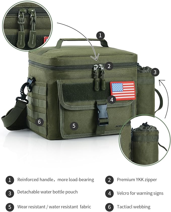 JOYHILL Tactical Lunch Box for Men, Insulated Lunch Bag with Detachable Bottle Pouch Holder, Large Durable Thermal Cooler Bag for Adult, Leakproof Bag for Work, Camping, Picnic, Black,13 L/18 Can