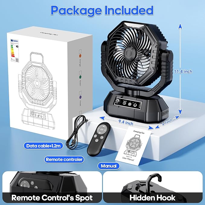 Portable Fan Rechargeable, 20000mAh Battery Powered Fan, LED Light, Remote Controller, Dual-Blade, 90°/270° Swing, 1-3H Timer, Battery Operated fan For Travel Tent Camping Bedroom Office Beach Fishing