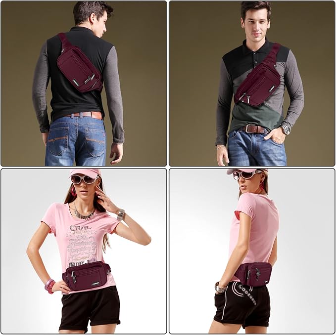 CXWMZY Fanny Packs For Women & Men Waist Pack Hip Bum Bag with Multi-Pockets Large Capacity Waterproof Casual Bum Bag for Disney Traveling Casual Cycling Running Hiking (Wine Red)