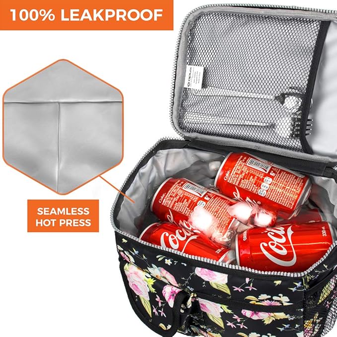 opux Insulated Lunch Bag for Men Women, Leakproof Floral Black Lunch Box for Work, Portable Soft Lunch Cooler Bag with Shoulder Strap, Adult Lunchbox Lunch Pail for Kid Boy Girl School, 14 Can/8L