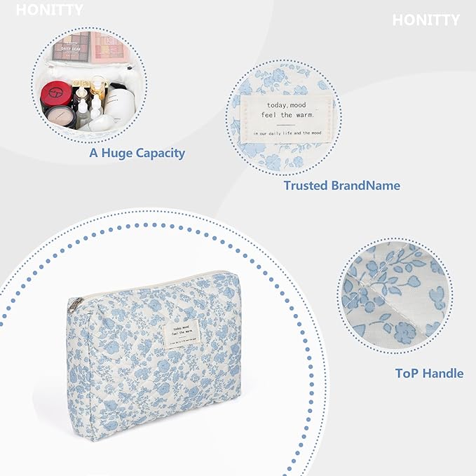 Makeup Pouch,Quilted Cosmetic Bags,Large Floral Make Up Organizer for Women