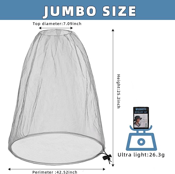 Oversized Mosquito Net 42 x 25 Inches Ultra Large Mosquito Head Net Face Neck Fly Mesh Netting Fits All Hats for Outdoor Camping Hiking Fishing Gardening Safari(Gray)