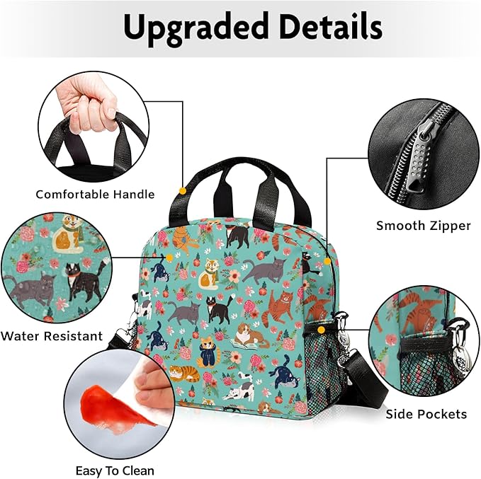 Lunch box Kids,Insulated Cat Lunch Bag Cute Small Lunch Totebag Reusable Leakproof Lunch Bag With Shoulder Strap for Girls Boys Women School Work Picnic