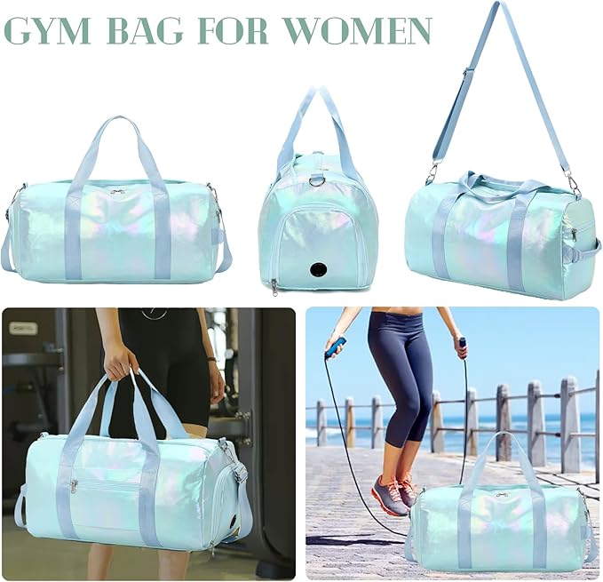 Gym Bag Sports Duffle Bag with Wet Pocket Weekender Overnight Bag with Waterproof Shoe Pouch and Air Hole for Girls Kids Women Travel Foldable Bag (Green)