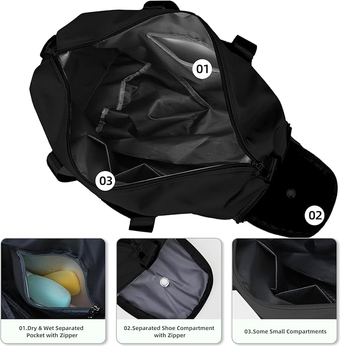 Skycase Gym Bags for Men - Duffle Bag Women - Gym Bag with Shoe Compartment for Fitness, Sports - Wet and Dry Bag, Waterproof Backpack for Swimming, Yoga, Travel (Black)