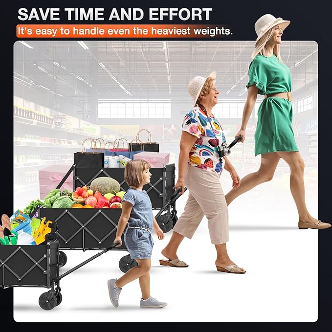 Foldable Wagon with Extended Tailgate: Collapsible Large Capacity Folding Wagon - Heavy Duty Utility Carts for Shopping,Garden,Sports,Groceries,Apartment,Camping,Outdoor - Black