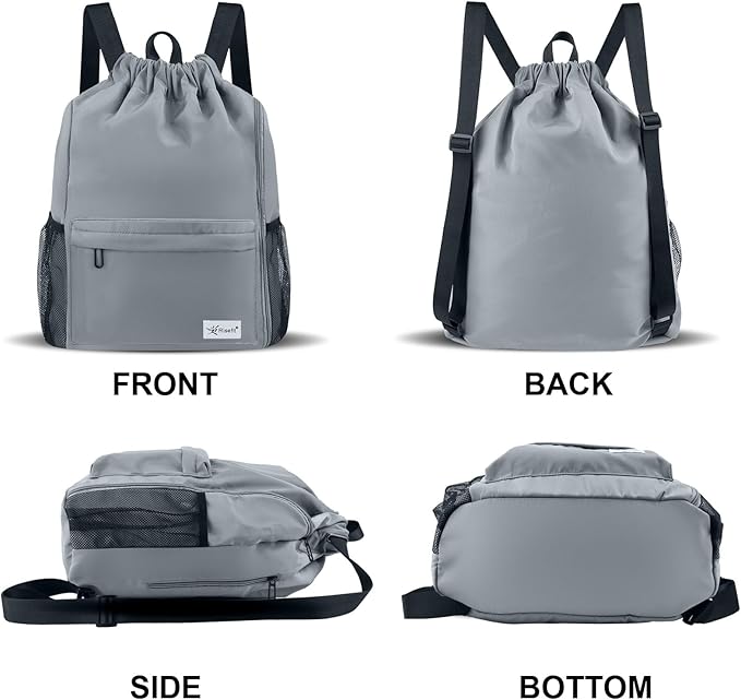 Drawstring Backpack with Mesh Pockets String Gym Bag Sackpack Sandproof Water Resistant Beach Backpack for Men Women