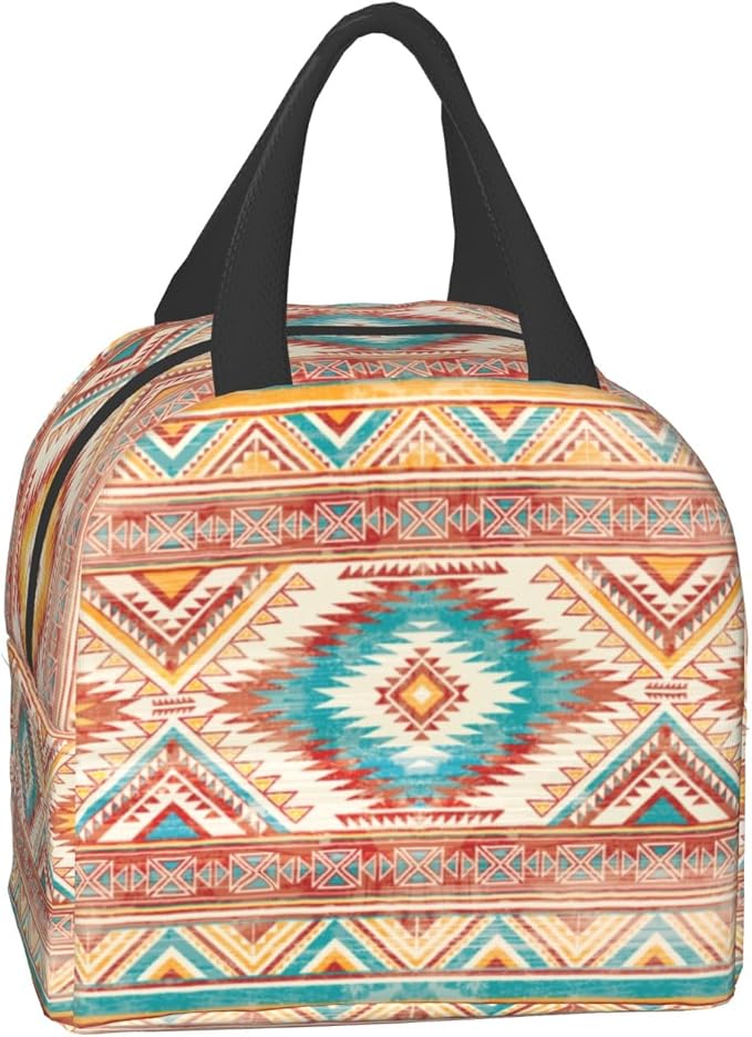 Giwawa Aztec Ethnic Lunch Box Native American Southwestern Tribal Geometric Thermal Lunch Bag with Front Pocket Insulated Meal Cooler Handbag for Kids Teens Girls Picnic Men Women Work