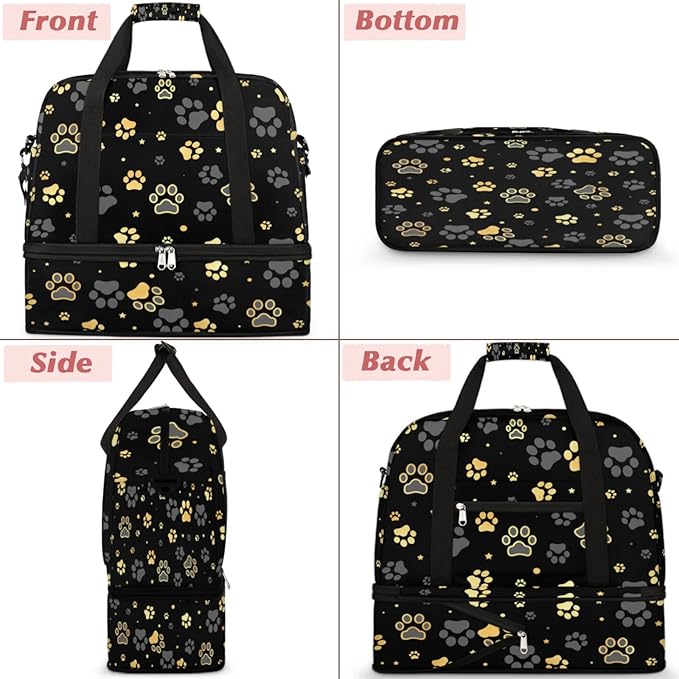 Dog Paw Print Foldable Travel Duffel Bag, Expandable Sports Gym Bag with Shoes Compartment Weekender Overnight Totes Bags for Women Men