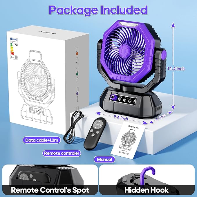 AJVV Camping Fan Rechargeable, Battery Powered Fan With Remote Controller, LED Light, Dual-Blade, Stepless Speed, 45°/90°/270° Swing,Timer, Portable fan For Travel/Tent/Beach/Fishing,Violet