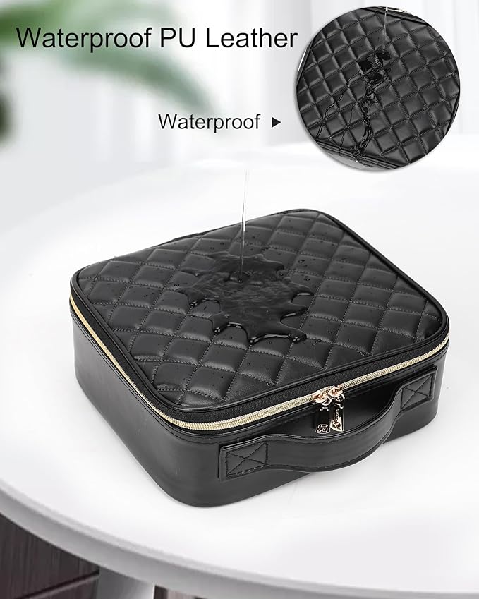 Relavel Makeup Bag, Travel Cosmetic Train Case Organizer Portable Artist Storage Bag with Adjustable Dividers for Cosmetics Makeup Brushes Toiletry Jewelry Digital Accessories Quilted Leather Black